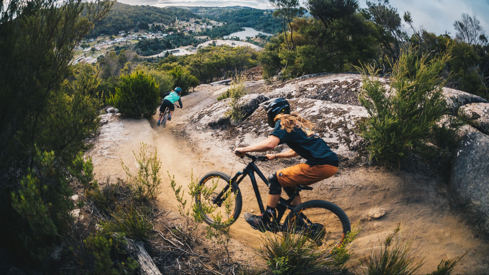 Gnarly Oz riders Leyla and Andy riding trails in Derby Tasmania