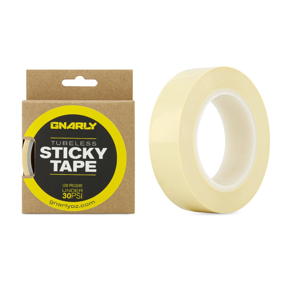 Gnarly 37mm wide tubeless sticky tape with packaging on a white background